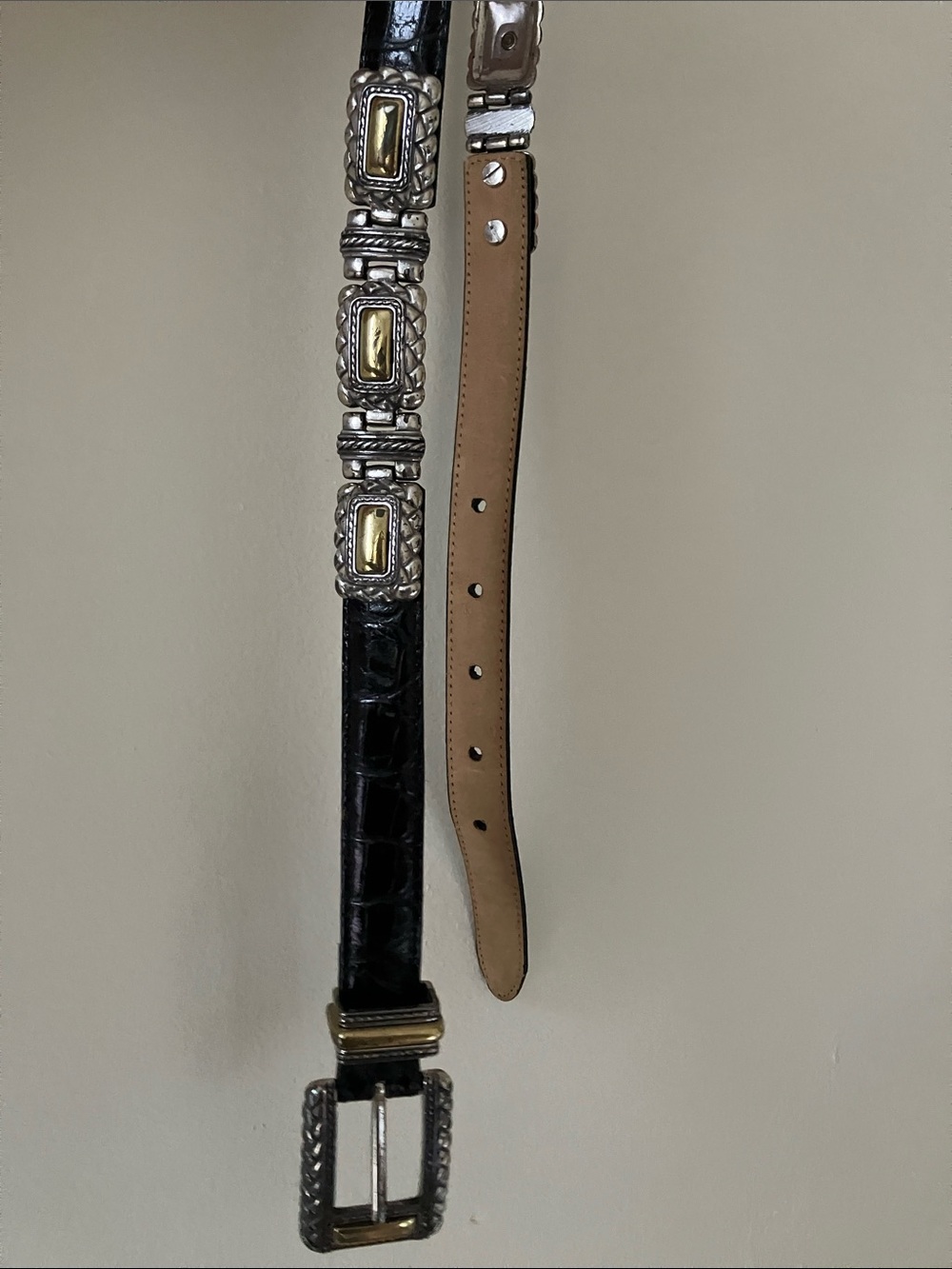 Vintage 90s Brighton croc embossed black leather silver+gold concho belt - Small